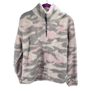Bebe Womens Camouflage Sweater Mock Neck Long Sleeve Fleece Pink Gray Medium